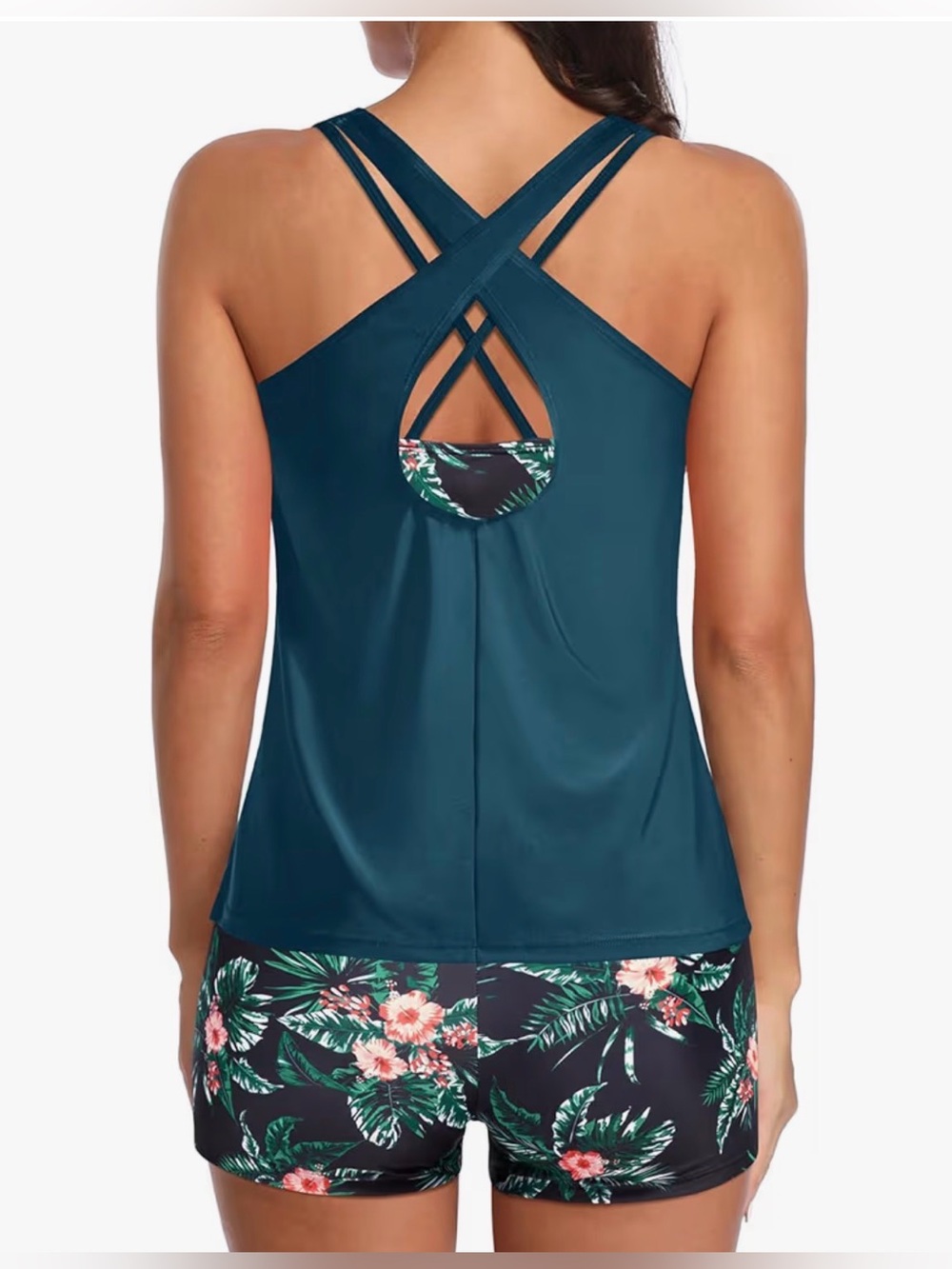 Teal Floral Strappy Tankini Set - Holipick 3 piece set-XL - Picture 3 of 7